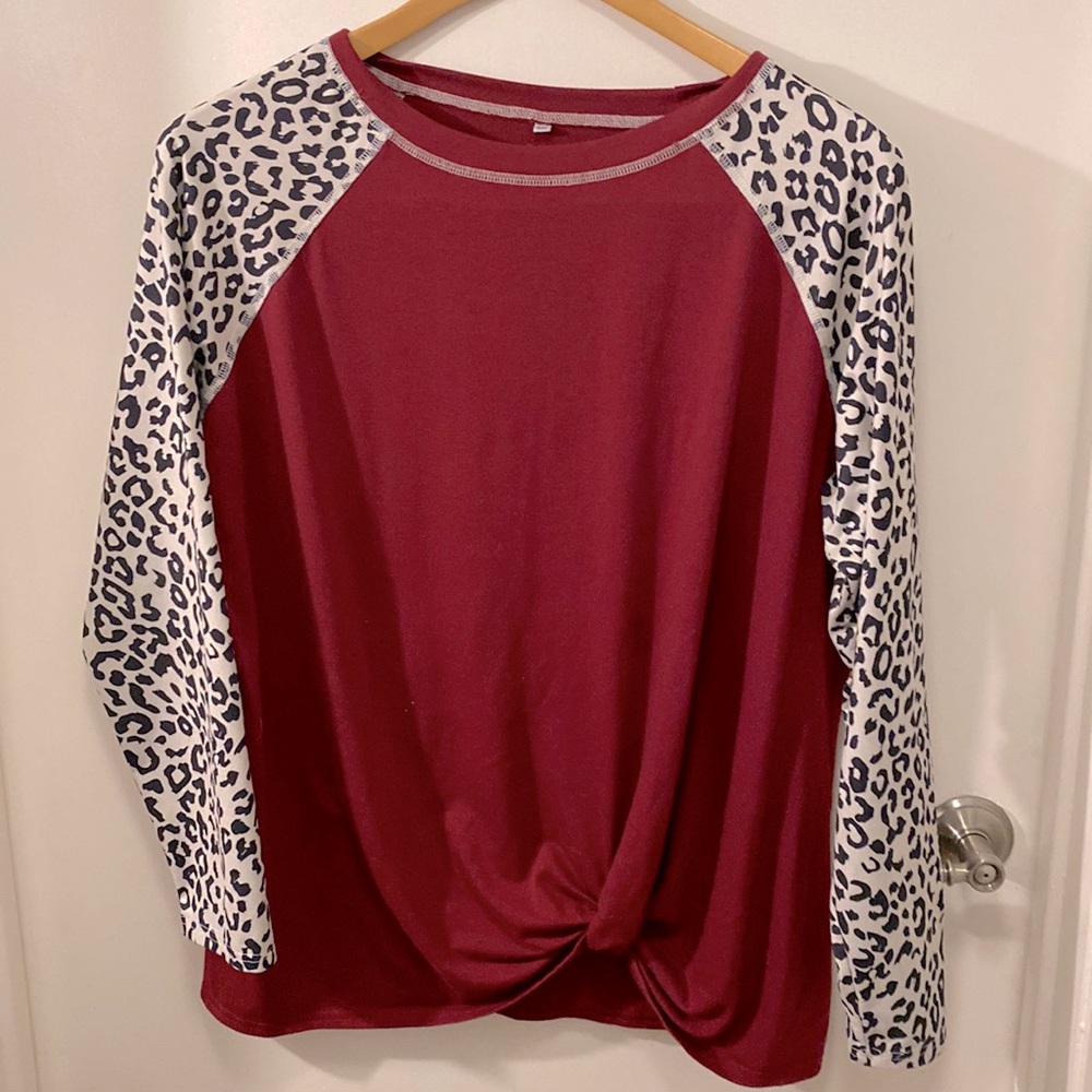 Burgundy and Leopard Long sleeve shirt with knot